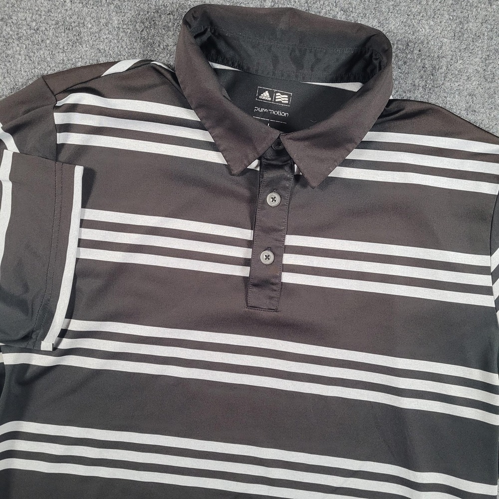 Adidas Polo Shirt Mens Large Black Gray Striped Puremotion Golf Performance